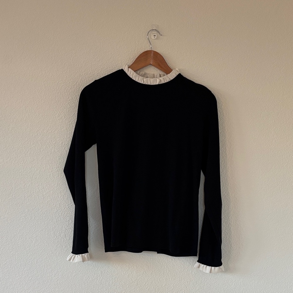 Ann Taylor Black Long Sleeve Top with White Trim Size M